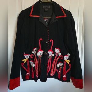 Life Style Black Corduroy Embroidered Cat Christmas Jacket Womens Sz S Holiday